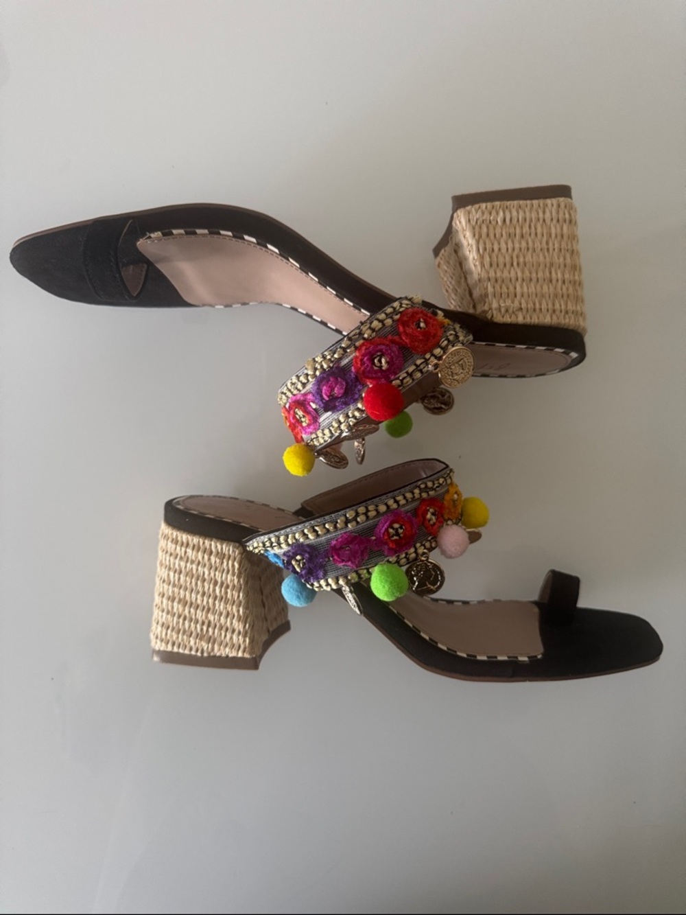 Betsey Johnson Callan Sandals Black Multicolor Coins Pom Poms Size 5.5 - Picture 7 of 10